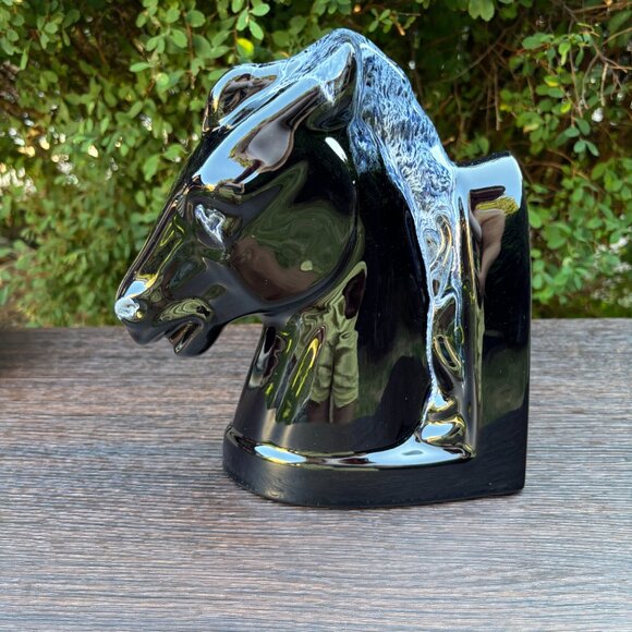 BMP Vintage Horse Bookend by Blue Mountain Pottery Black Ceramic Drip Glaze - Picture 4 of 14